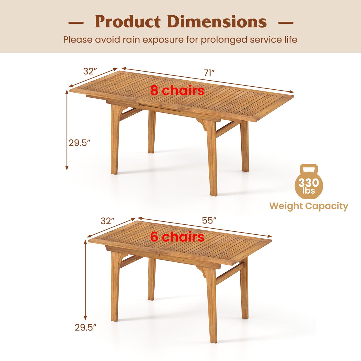 55 Inch Patio Dining Table Expandable for 6-8 People with Umbrella Hole