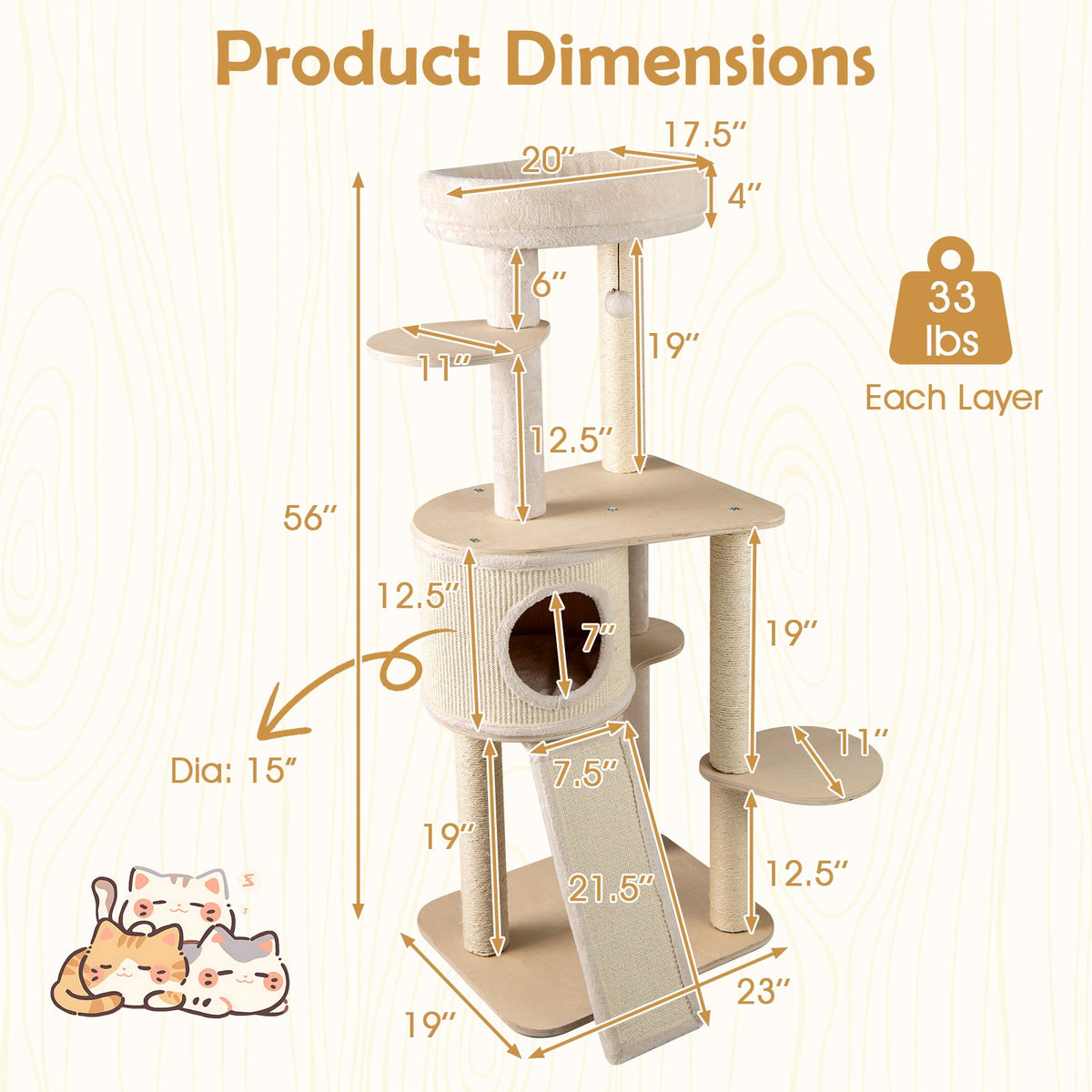 56 Inch Tall Cat Tree with 2 Sisal Scratching Posts and Ladder-NA