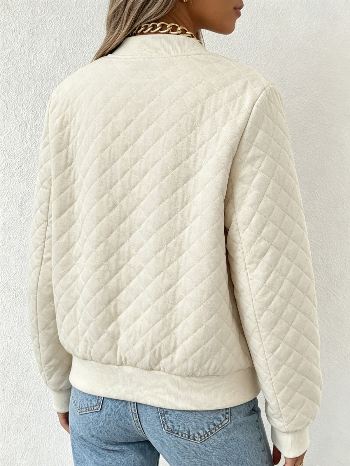 Women Woven Quilted Bomber Jacket Zip Up Stand Collar Lightweight Outerwear My Store