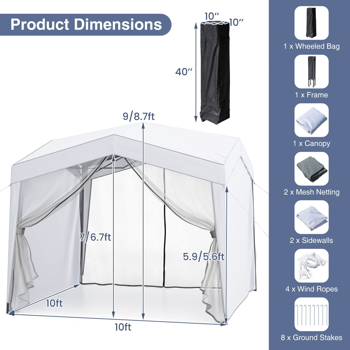 Pop up Canopy Tent wiht 4 Sidewalls Mesh Netting Wheeled Bag-White
