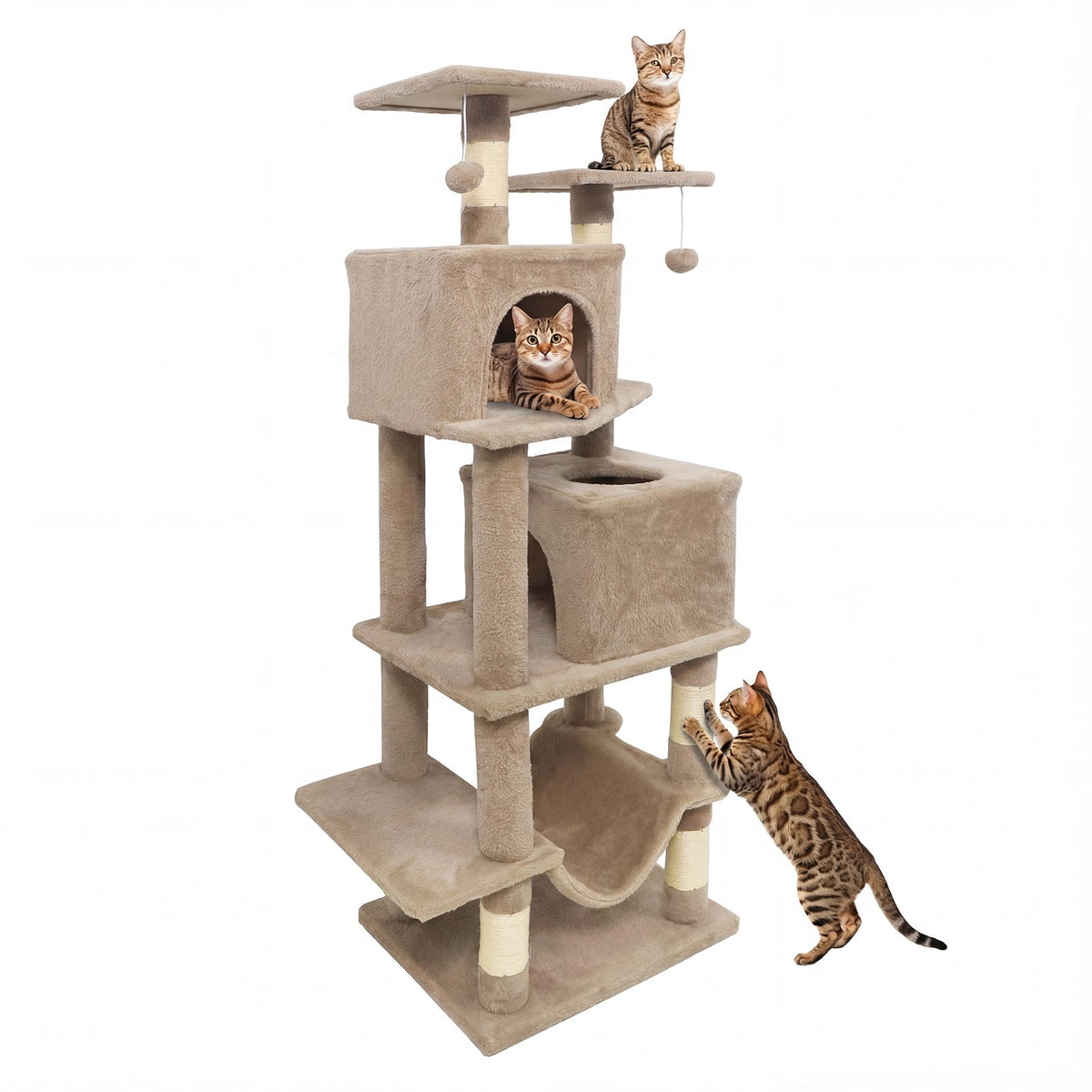 57 Inch Cat Tree with Dual Condos and Hammock and 2 Dangling Balls DirectDeals