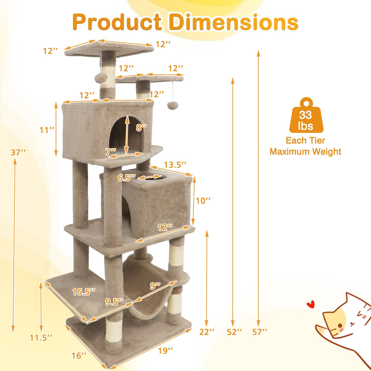 57 Inch Cat Tree with Dual Condos and Hammock and 2 Dangling Balls DirectDeals