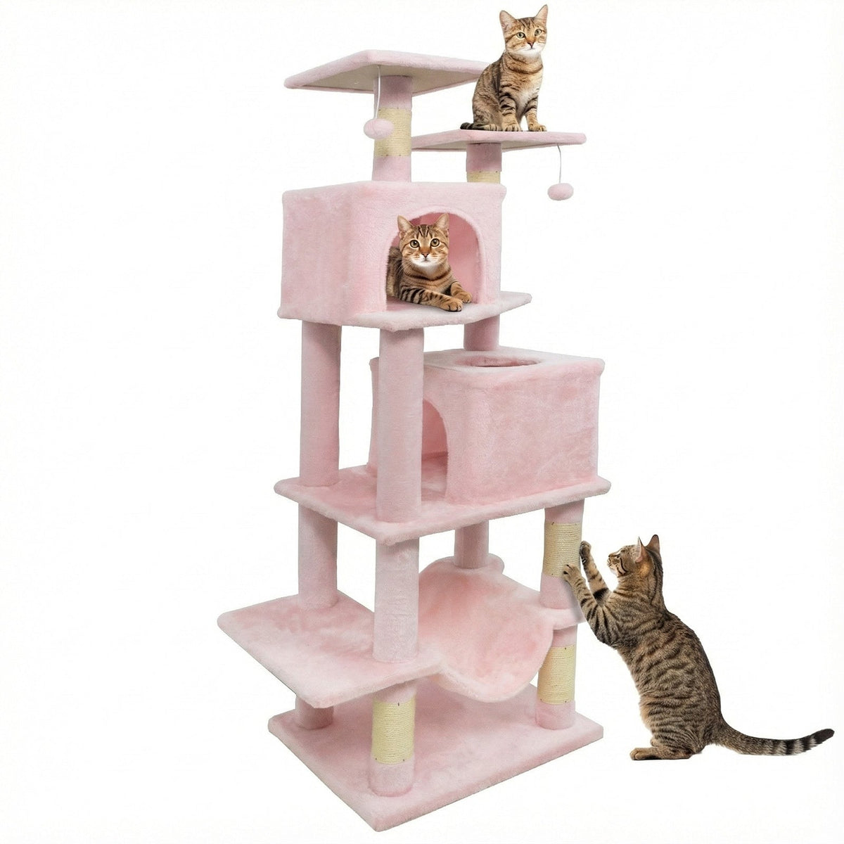57 Inch Cat Tree with Dual Condos and Hammock and 2 Dangling Balls DirectDeals