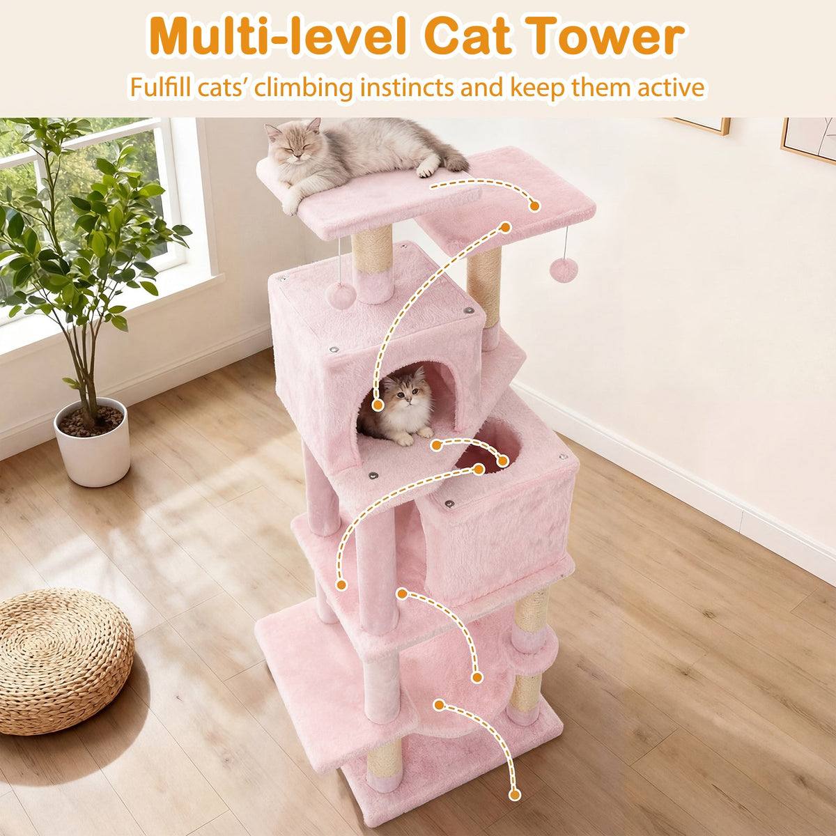 57 Inch Cat Tree with Dual Condos and Hammock and 2 Dangling Balls DirectDeals