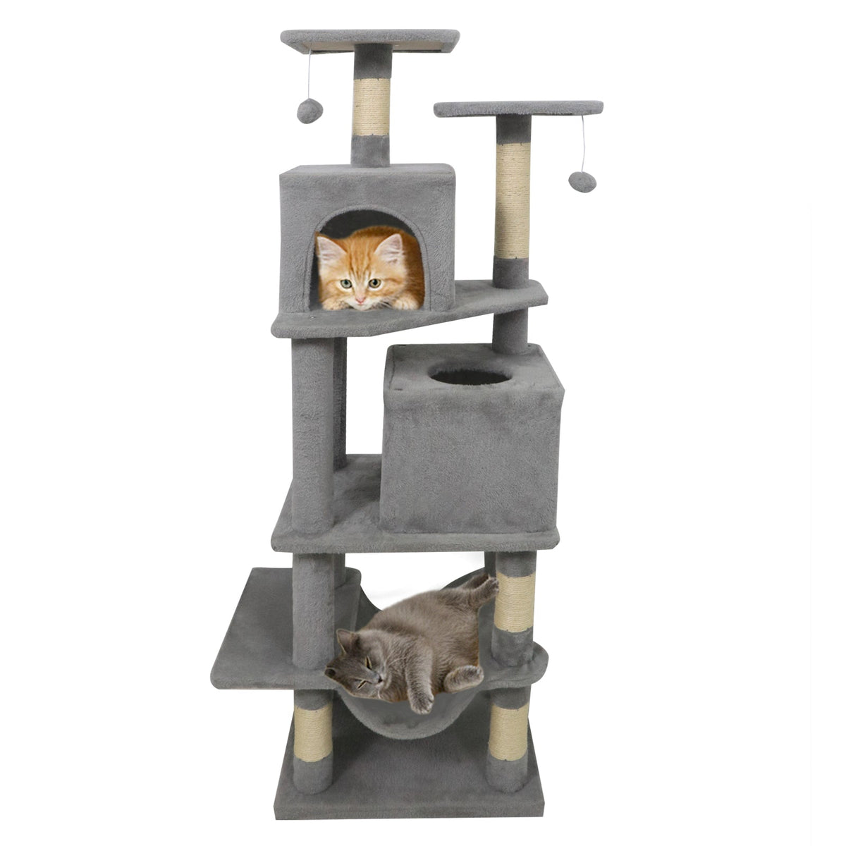 57 Inch Cat Tree with Dual Condos and Hammock and 2 Dangling Balls DirectDeals