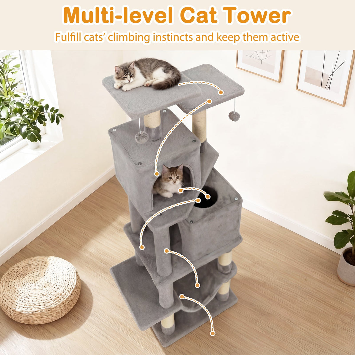 57 Inch Cat Tree with Dual Condos and Hammock and 2 Dangling Balls DirectDeals