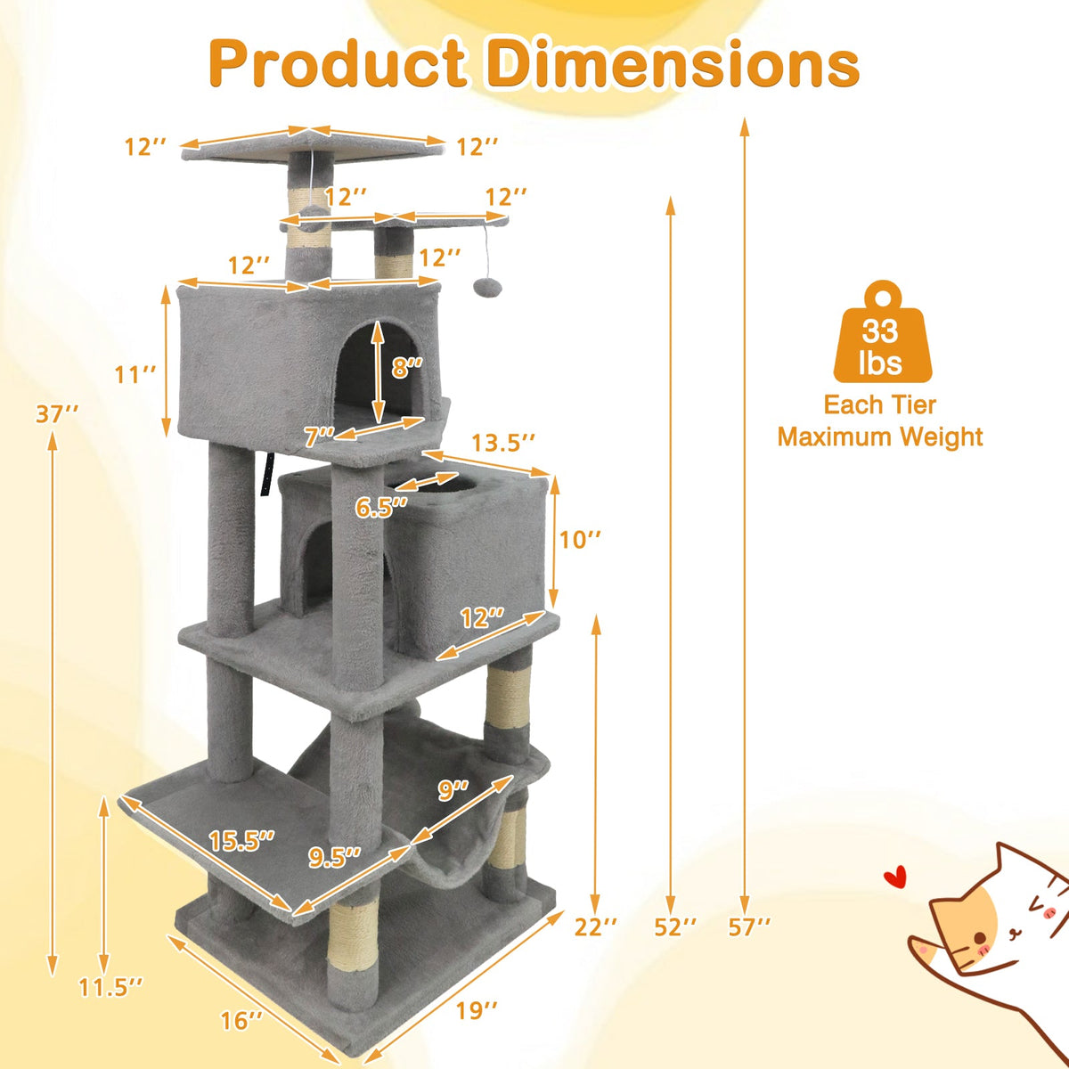 57 Inch Cat Tree with Dual Condos and Hammock and 2 Dangling Balls DirectDeals