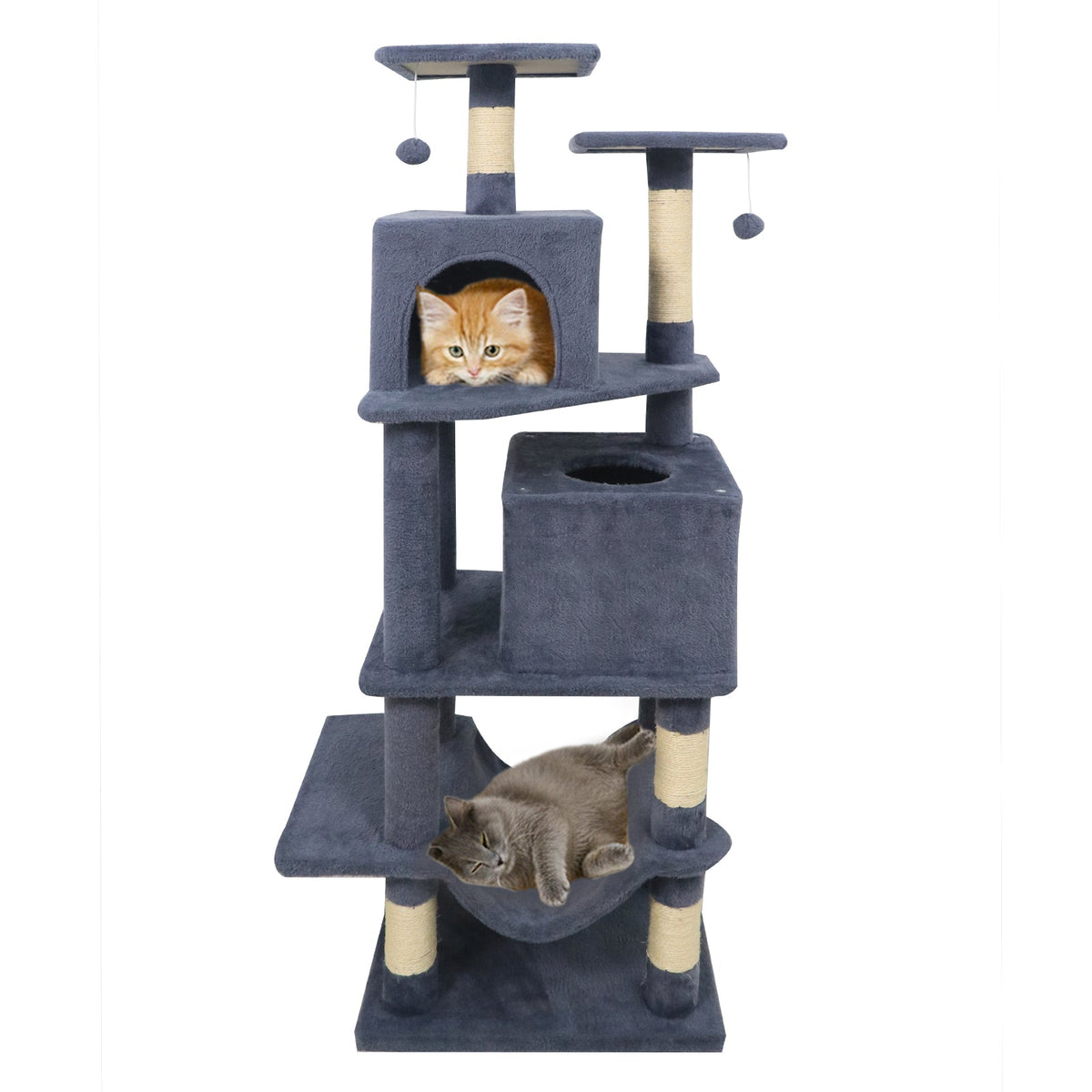 57 Inch Cat Tree with Dual Condos and Hammock and 2 Dangling Balls DirectDeals