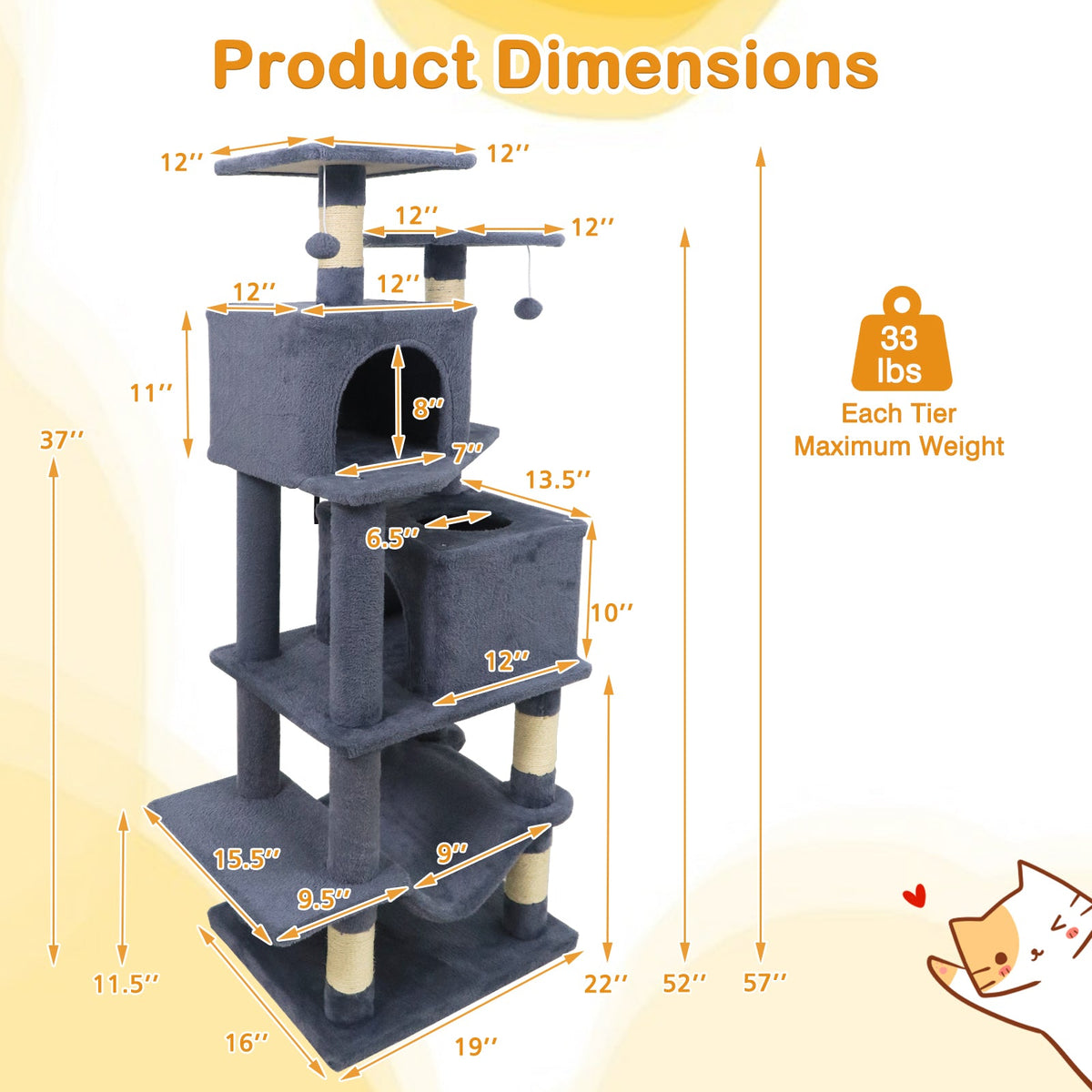 57 Inch Cat Tree with Dual Condos and Hammock and 2 Dangling Balls DirectDeals