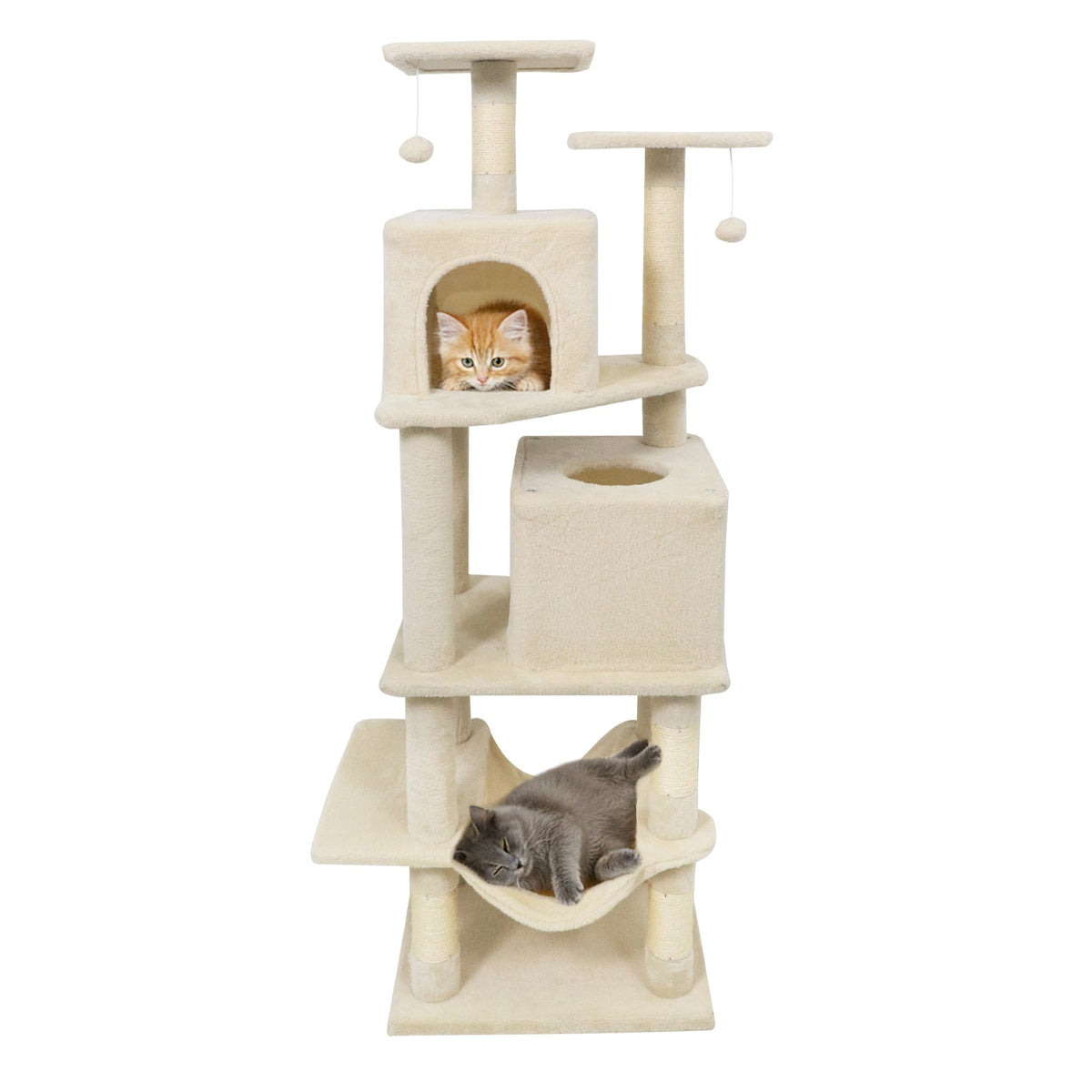 57 Inch Cat Tree with Dual Condos and Hammock and 2 Dangling Balls DirectDeals