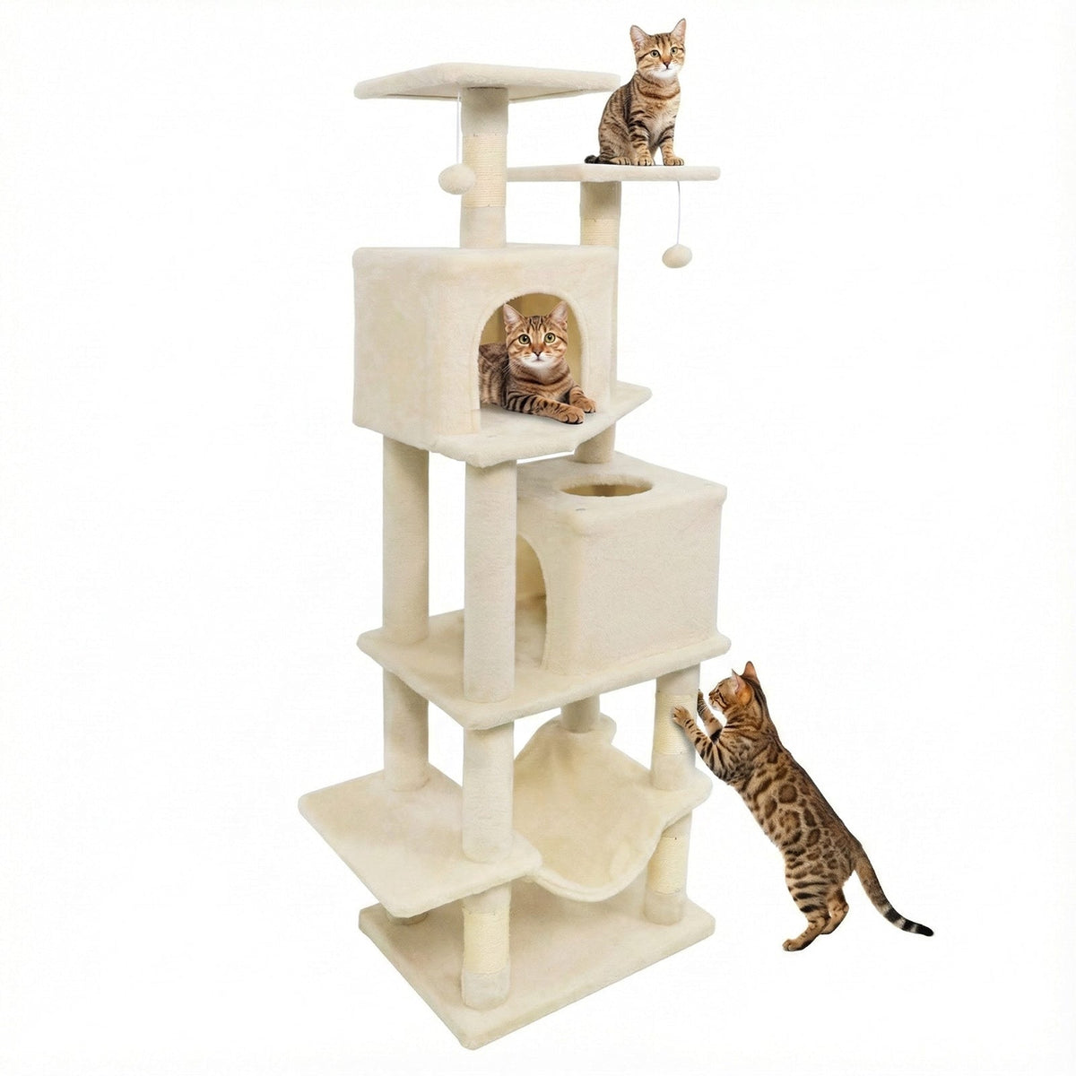 57 Inch Cat Tree with Dual Condos and Hammock and 2 Dangling Balls DirectDeals