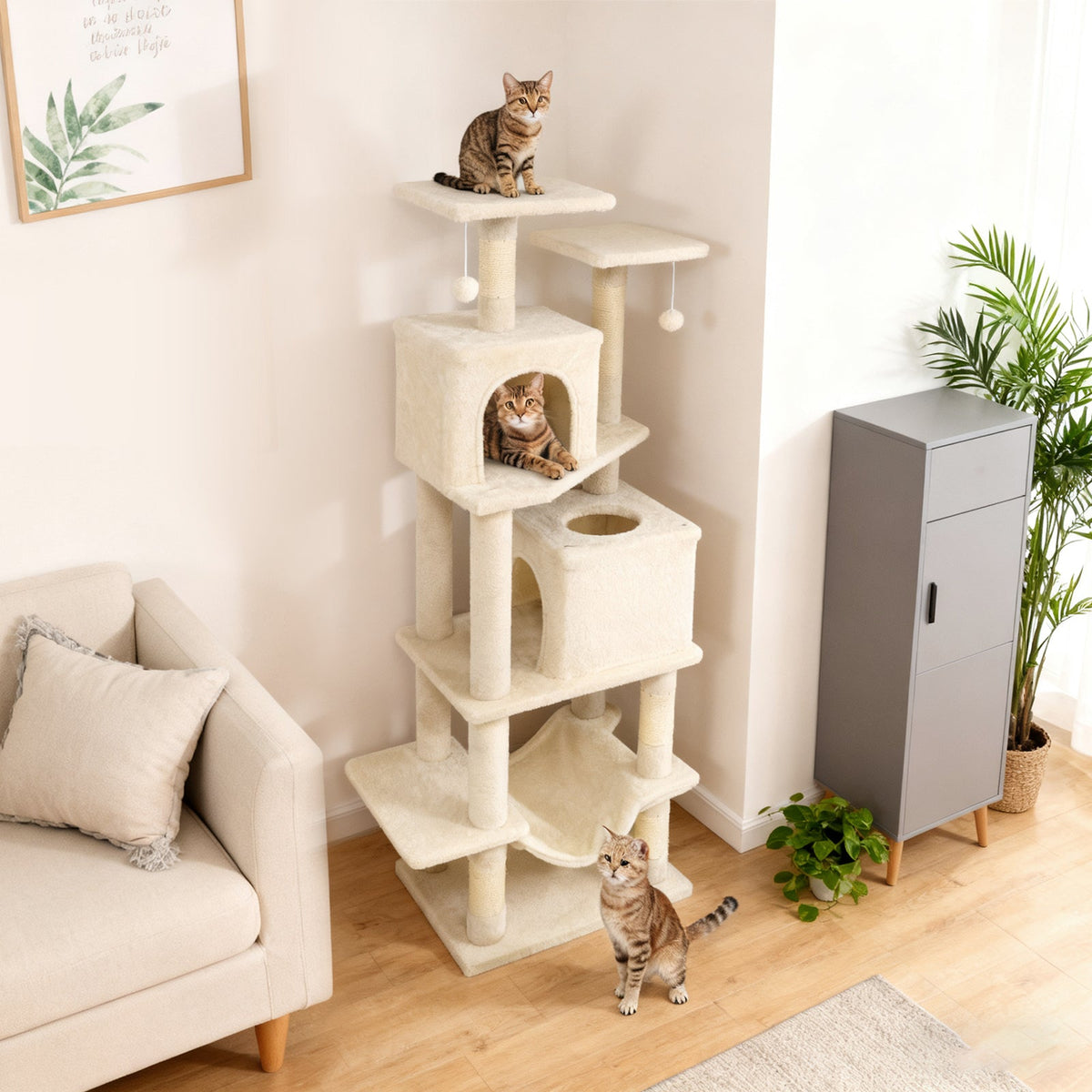 57 Inch Cat Tree with Dual Condos and Hammock and 2 Dangling Balls DirectDeals