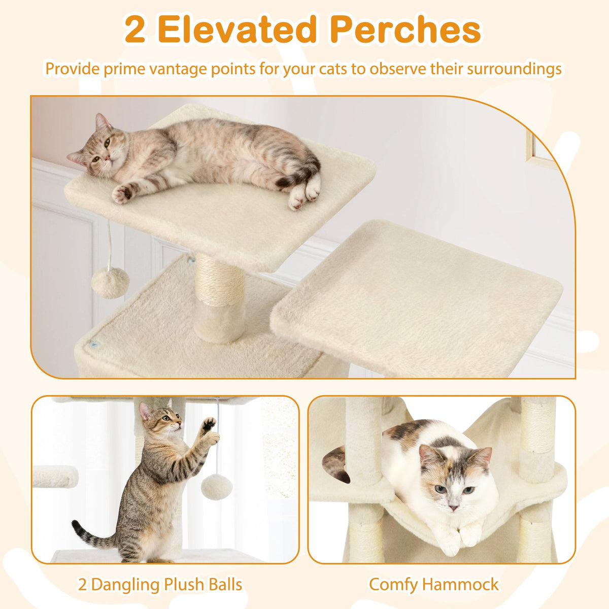 57 Inch Cat Tree with Dual Condos and Hammock and 2 Dangling Balls DirectDeals