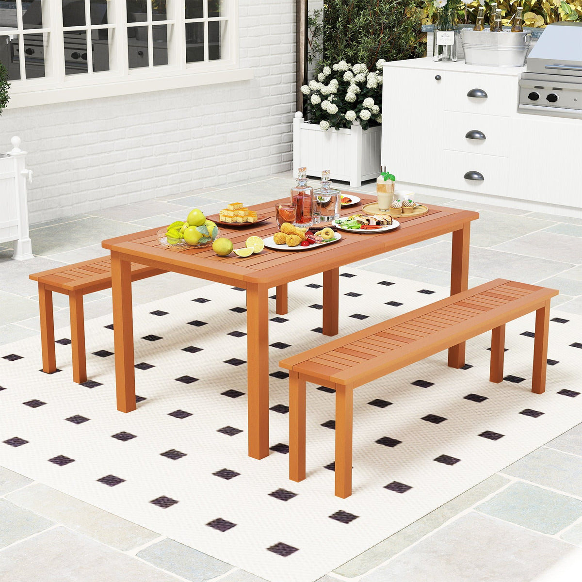 Outdoor 59 Inch Long Patio Dining Backless Wooden Bench with Teak Oil Finish DirectDeals
