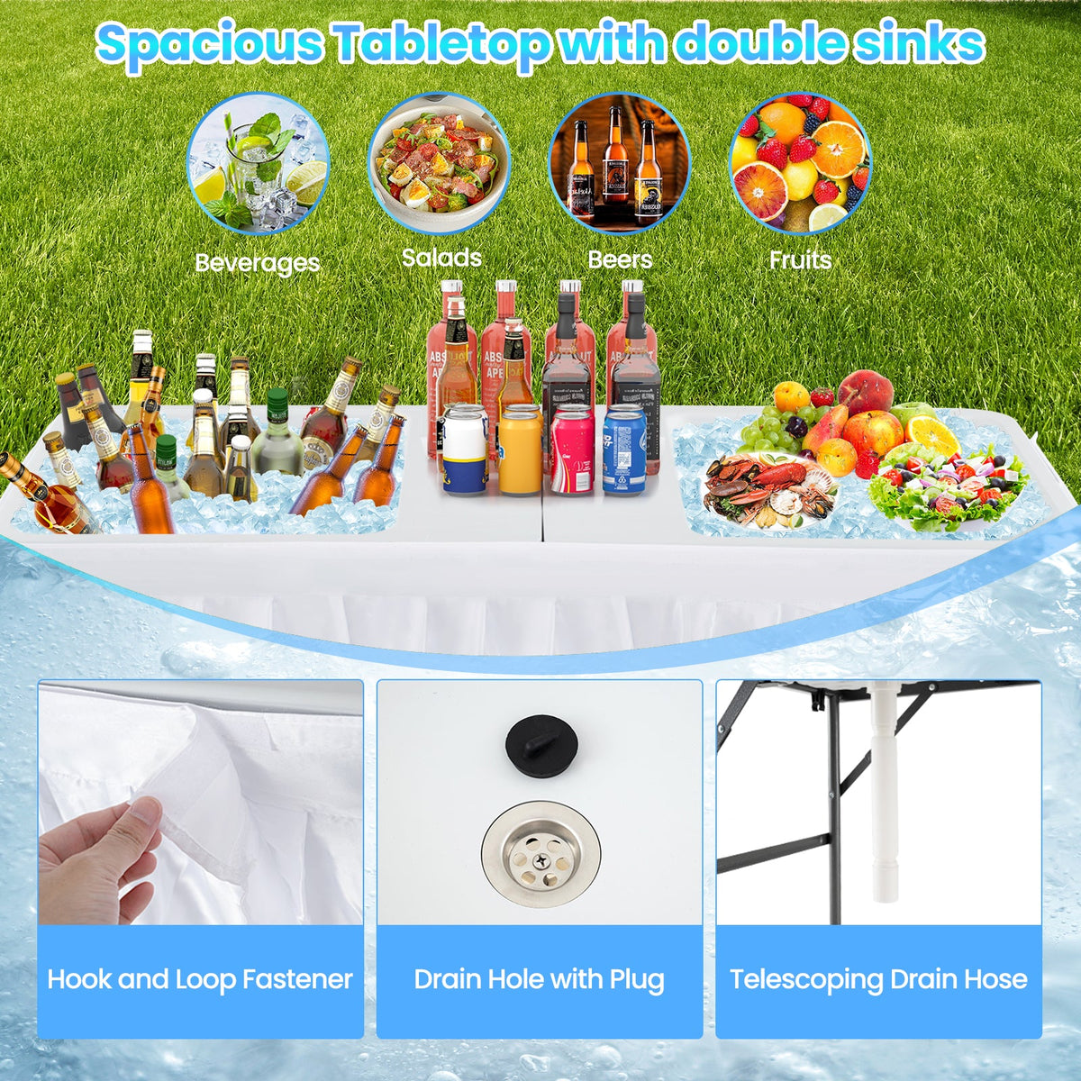 5 FT Folding Ice Cooler Table with Double Sinks for Camping Party Picnic Wedding-White