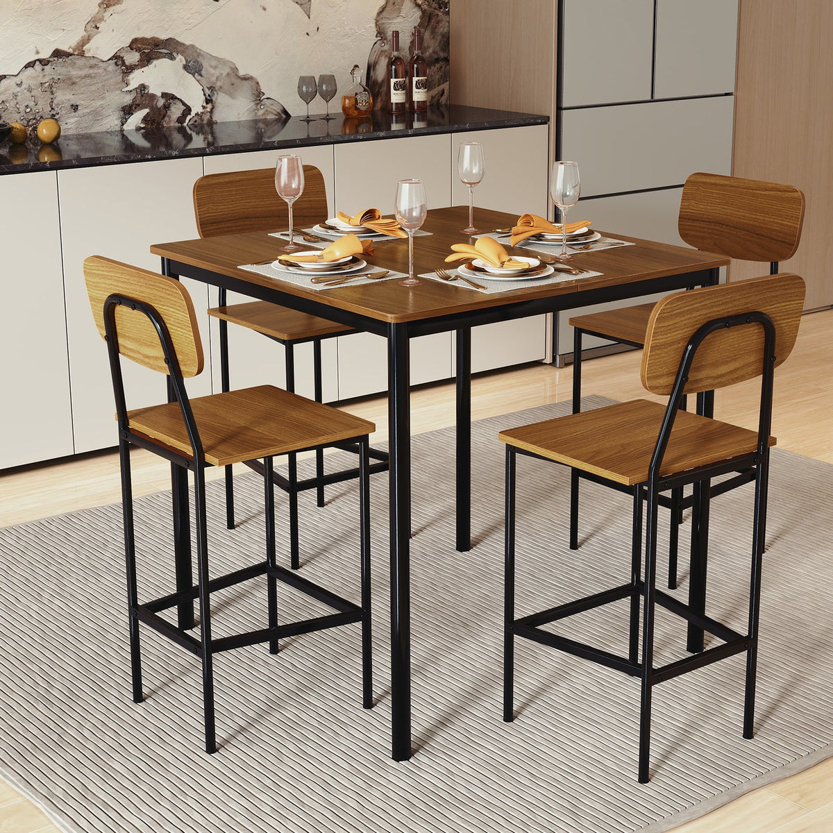 5 Pieces Industrial Dining Table Set with Counter Height Table and 4 Bar Stools-Coffee