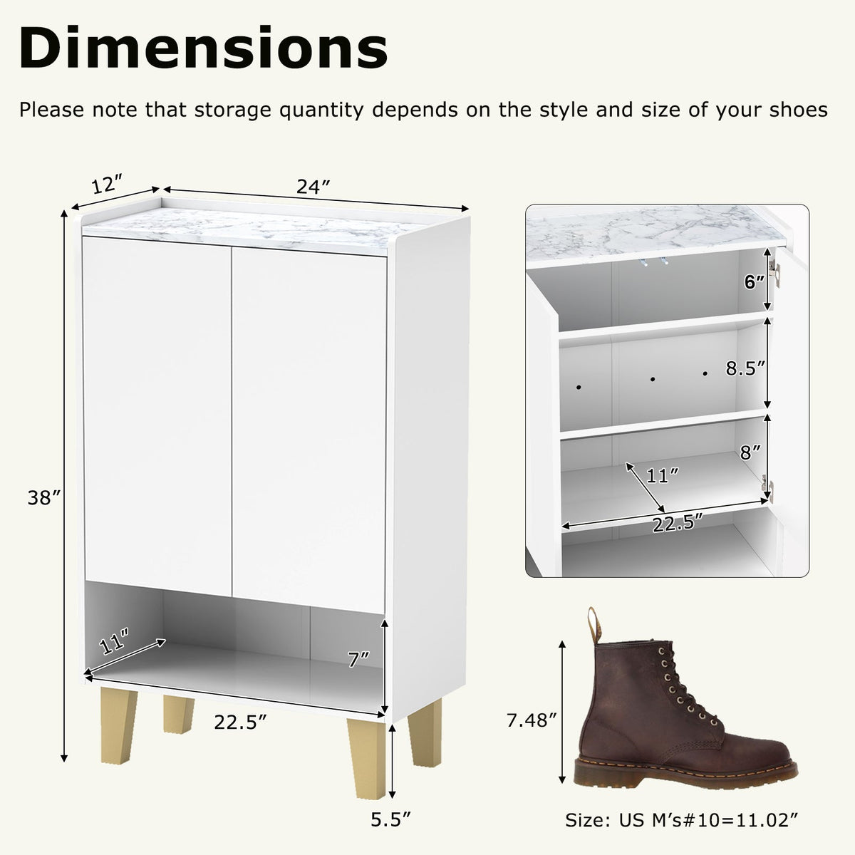 5-Tier Shoe Cabinet with Faux Marble Countertop and Flat Tilting Shelves-White