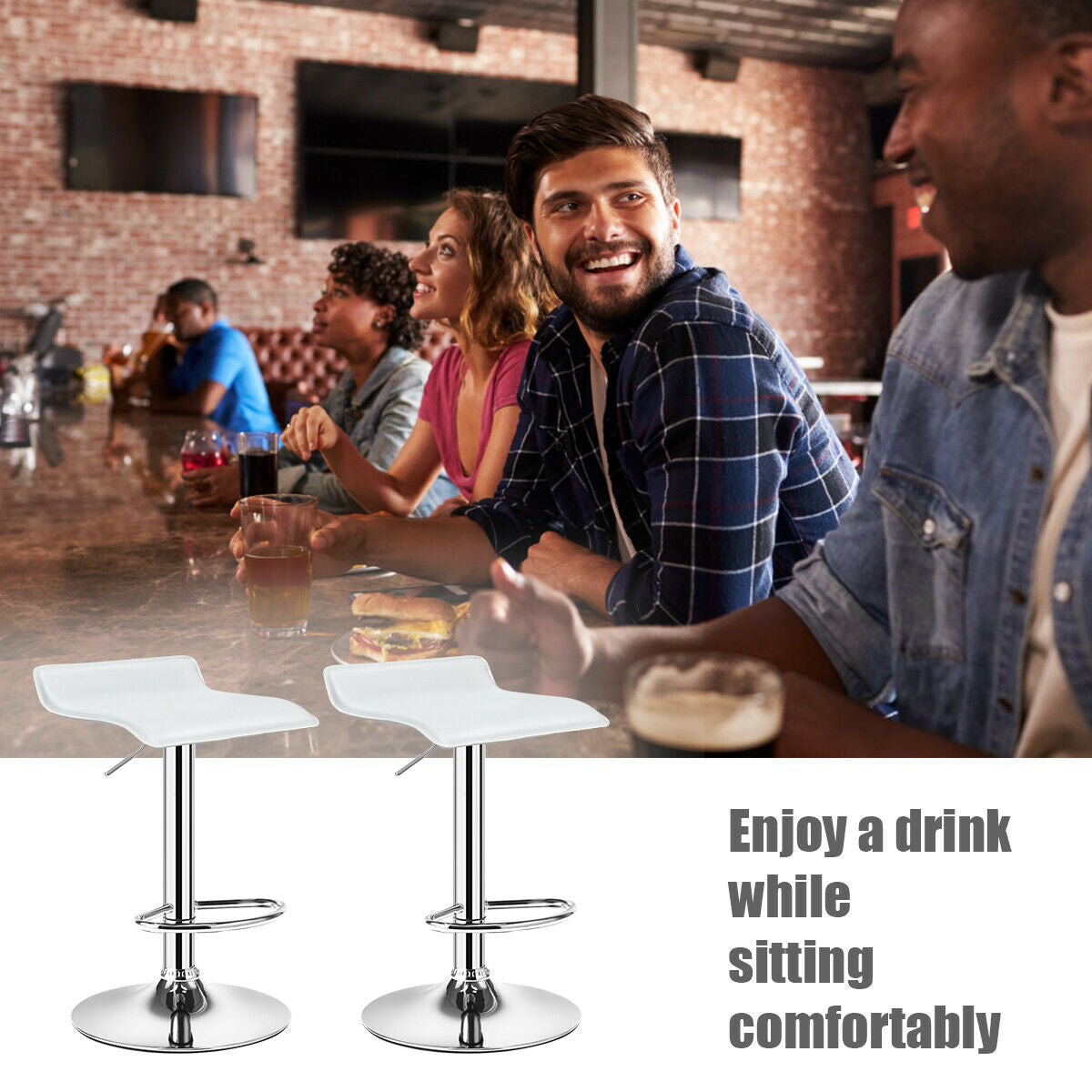 Set of 2 Adjustable PU Leather Backless Bar Stools