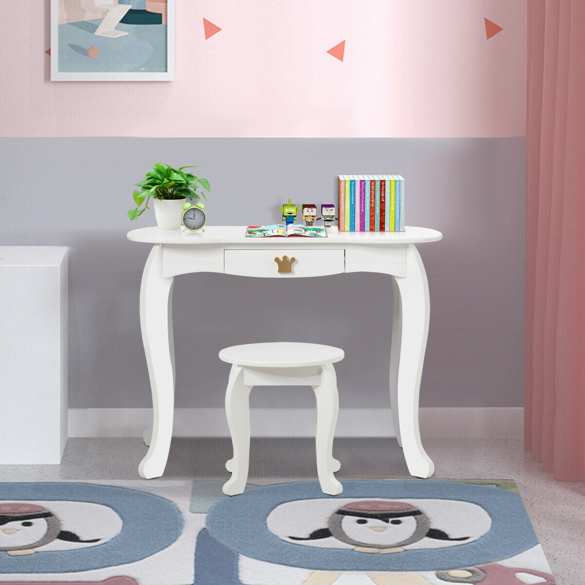 Kids Makeup Dressing Table with Tri-folding Mirror and Stool-White GBruno Store