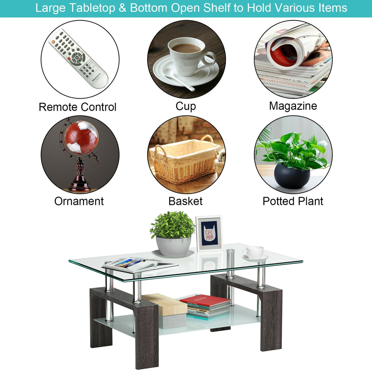 Rectangular Tempered Glass Coffee Table with Shelf