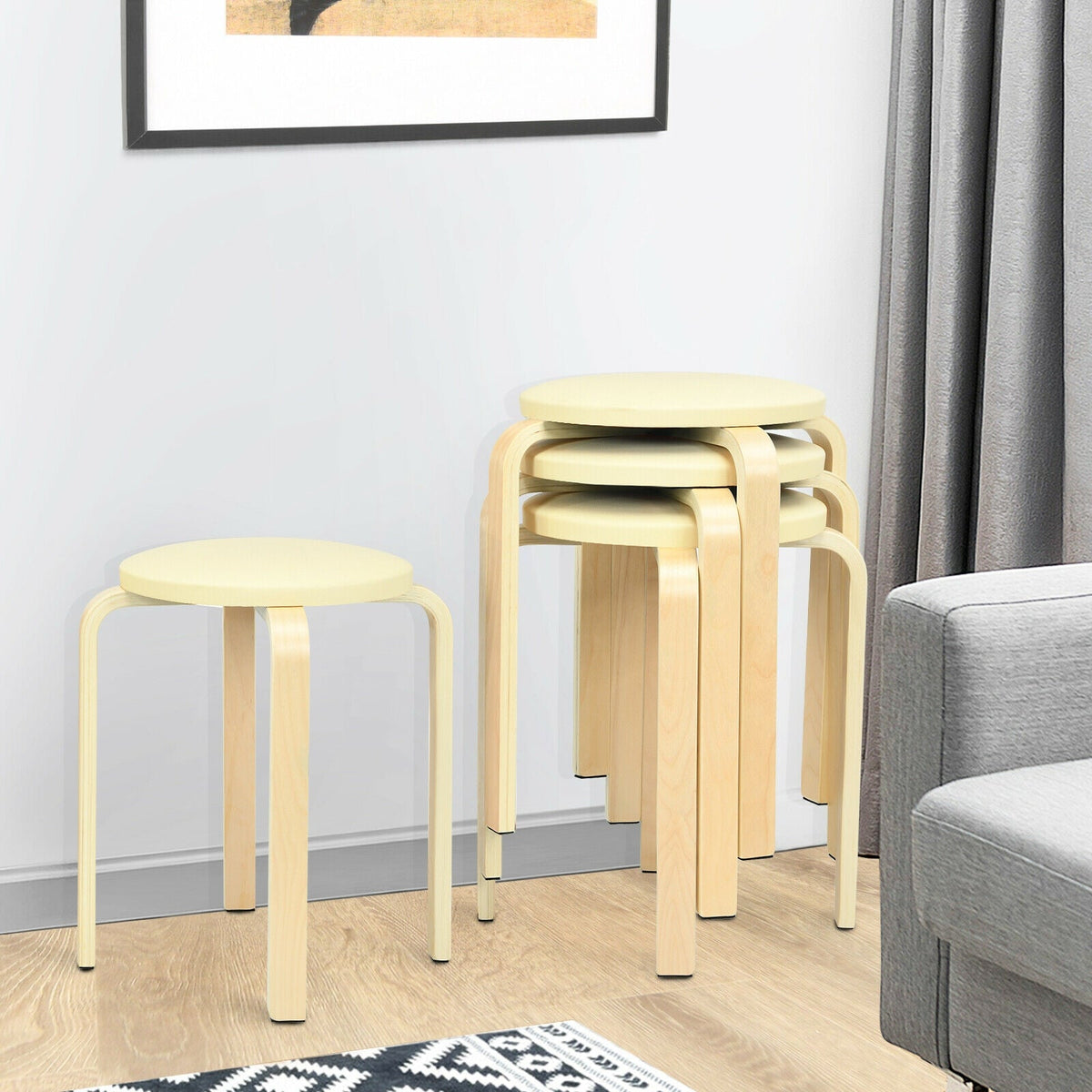 Set of 4 Bentwood Round Stool Stackable Dining Chairs with Padded Seat