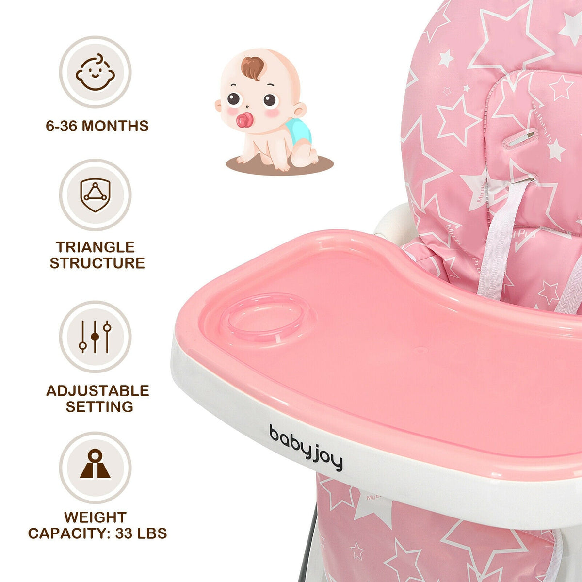 Folding Baby High Dining Chair with 6-Level Height Adjustment-Pink GBruno Store