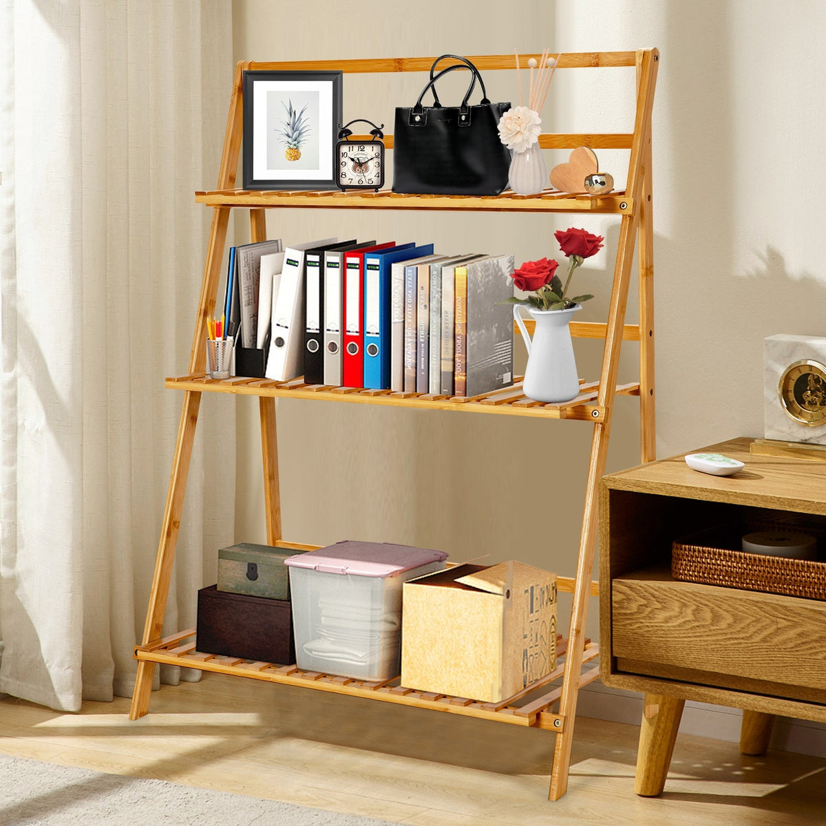 3-Tier Bamboo Foldable Plant Stand with Display Shelf Rack-Natural DirectDeals