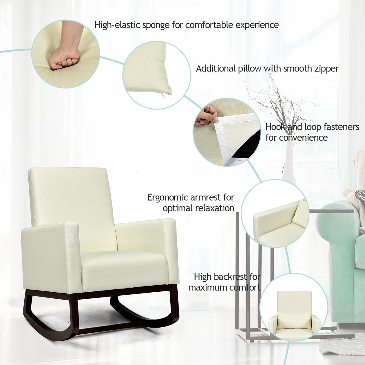 2-in-1 Fabric Upholstered Rocking Chair with Pillow