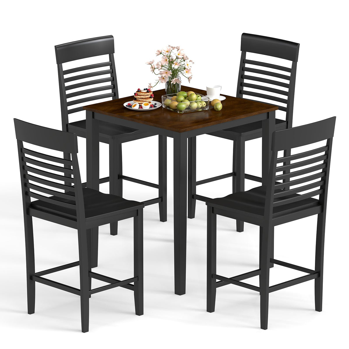 5-Piece Counter-Height Dining Table Set with Rubber Wood Frame and Footrest