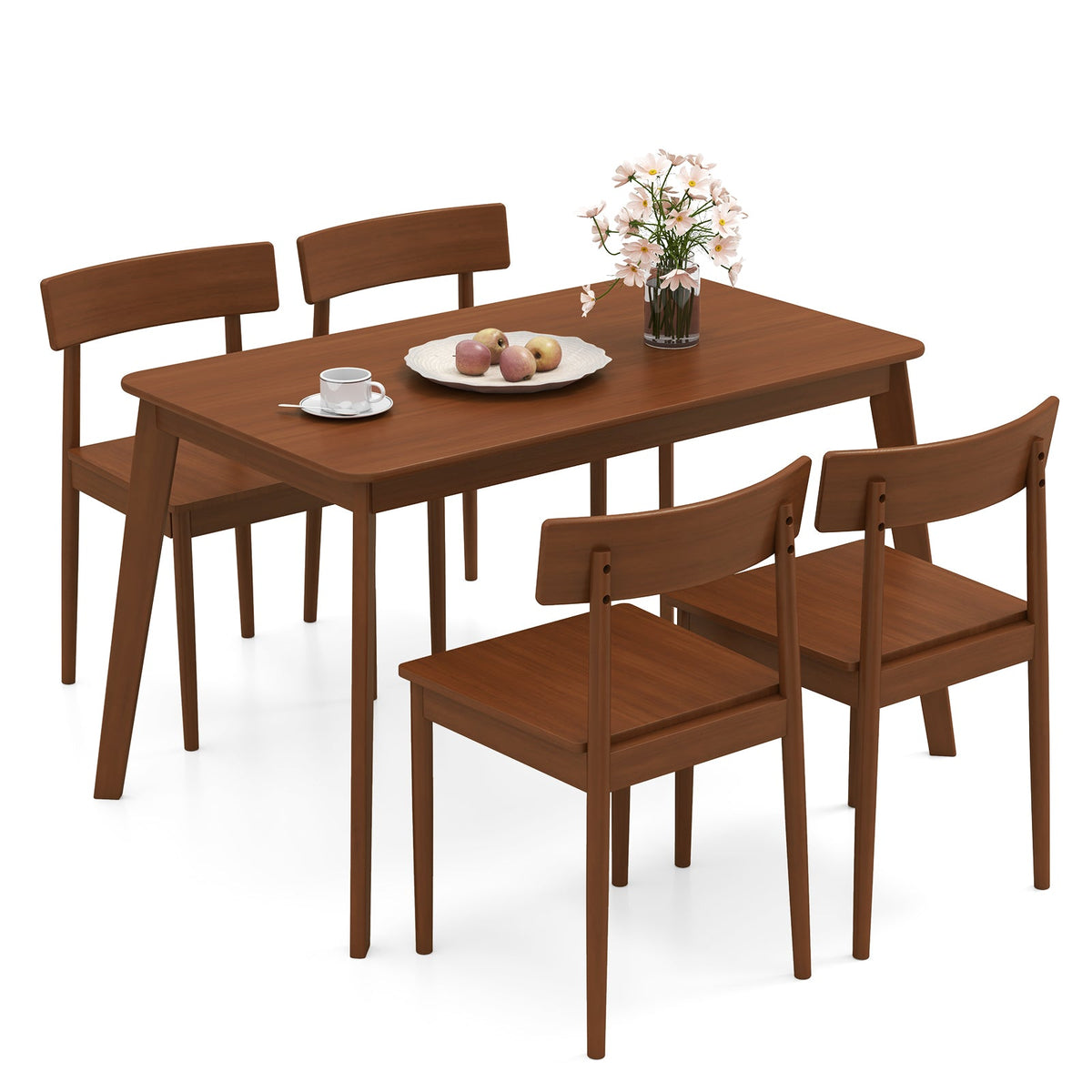5 Piece Wood Dining Table Set with Rubber Wood Frame and 4 Chairs-Walnut