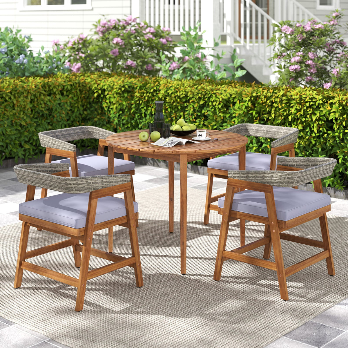 5 Pieces Patio Dining Set with Cushions and PE Rattan Backrest for Garden and Backyard