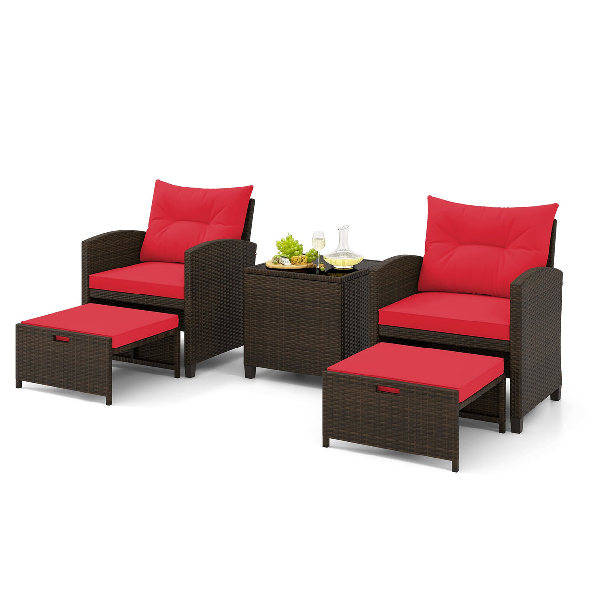 5 Pieces Patio Rattan Furniture with 2 Ottomans and Tempered Glass Coffee Table-Red