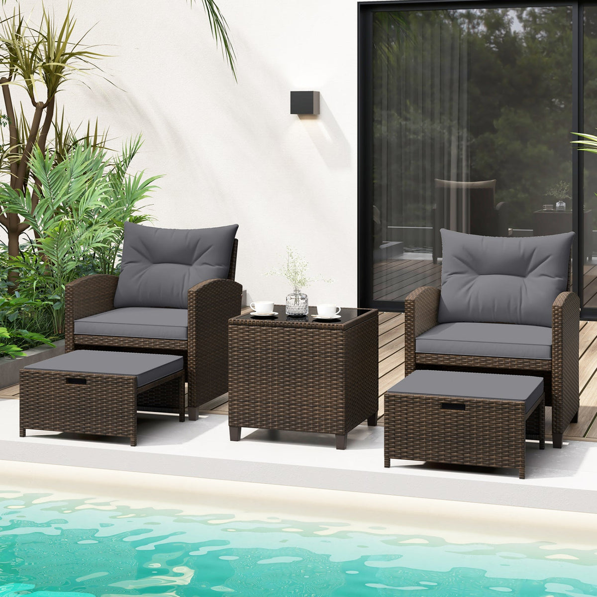 5 Pieces Patio Rattan Furniture with 2 Ottomans and Tempered Glass Coffee Table-Red
