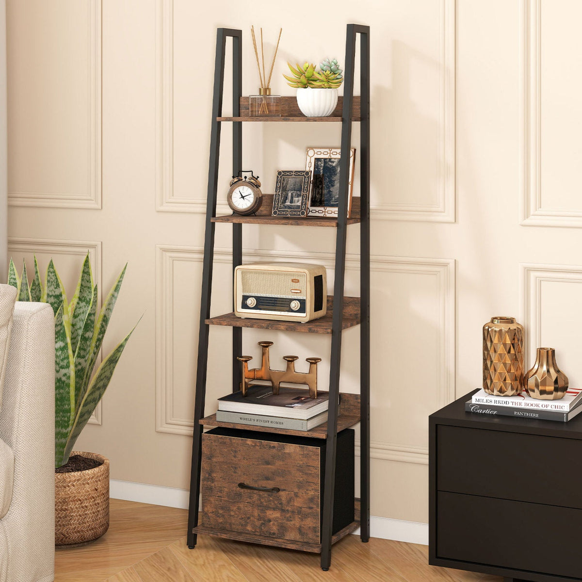 5-Tier Ladder Bookshelf with Fabric Drawer