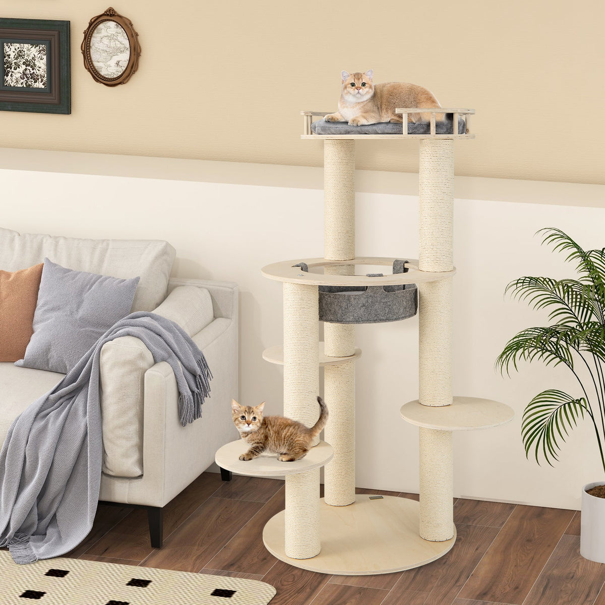 5-level Wooden Cat Tree with Padded Perch Non-woven Hammock-Gray GBruno Store