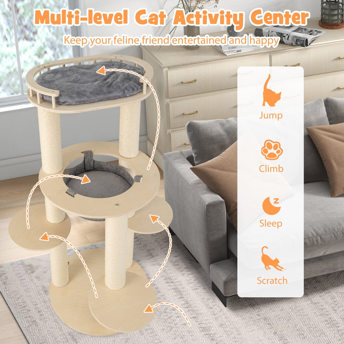 5-level Wooden Cat Tree with Padded Perch Non-woven Hammock-Gray GBruno Store