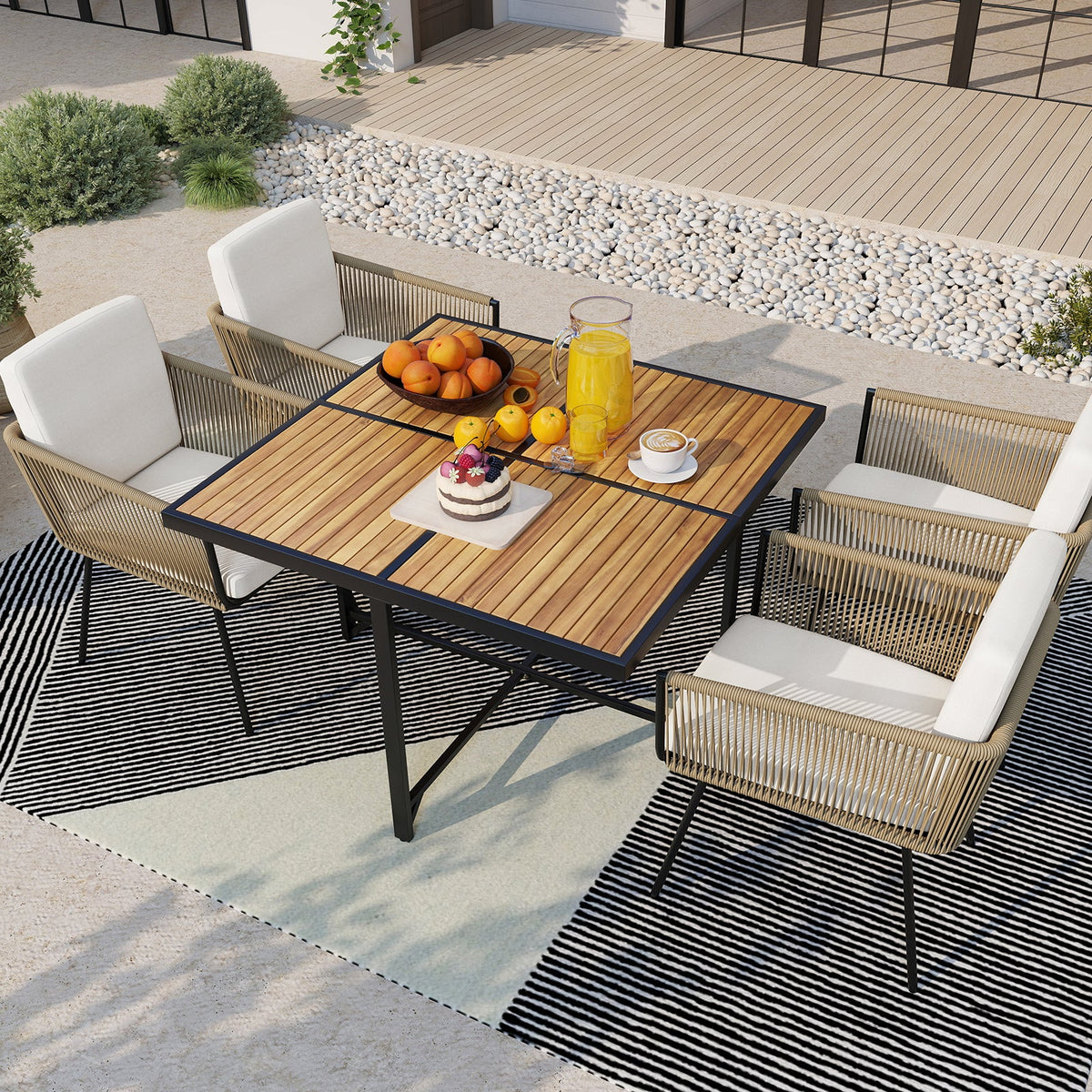 5 Pieces Patio Dining Set with Acacia Wood Tabletop
