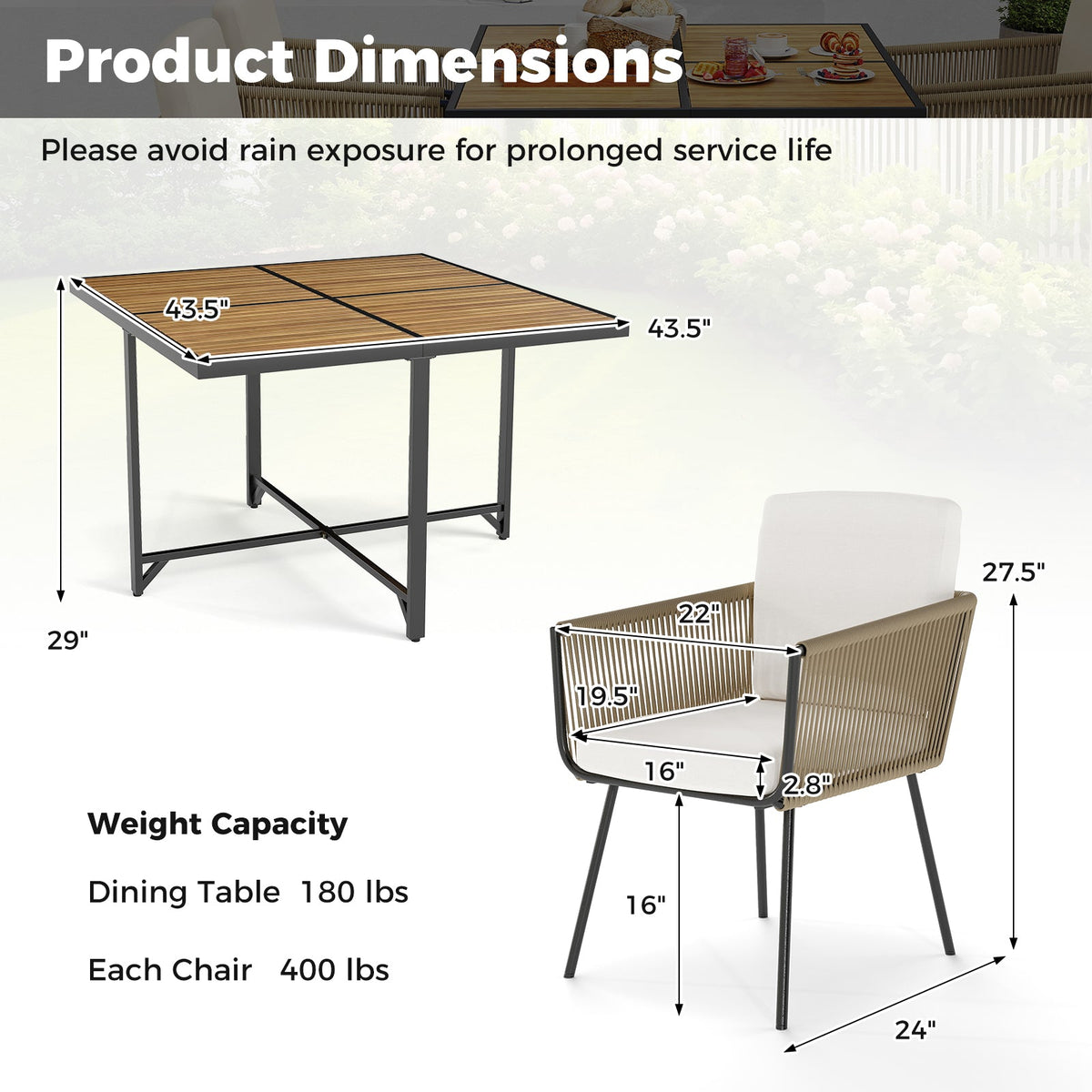 5 Pieces Patio Dining Set with Acacia Wood Tabletop