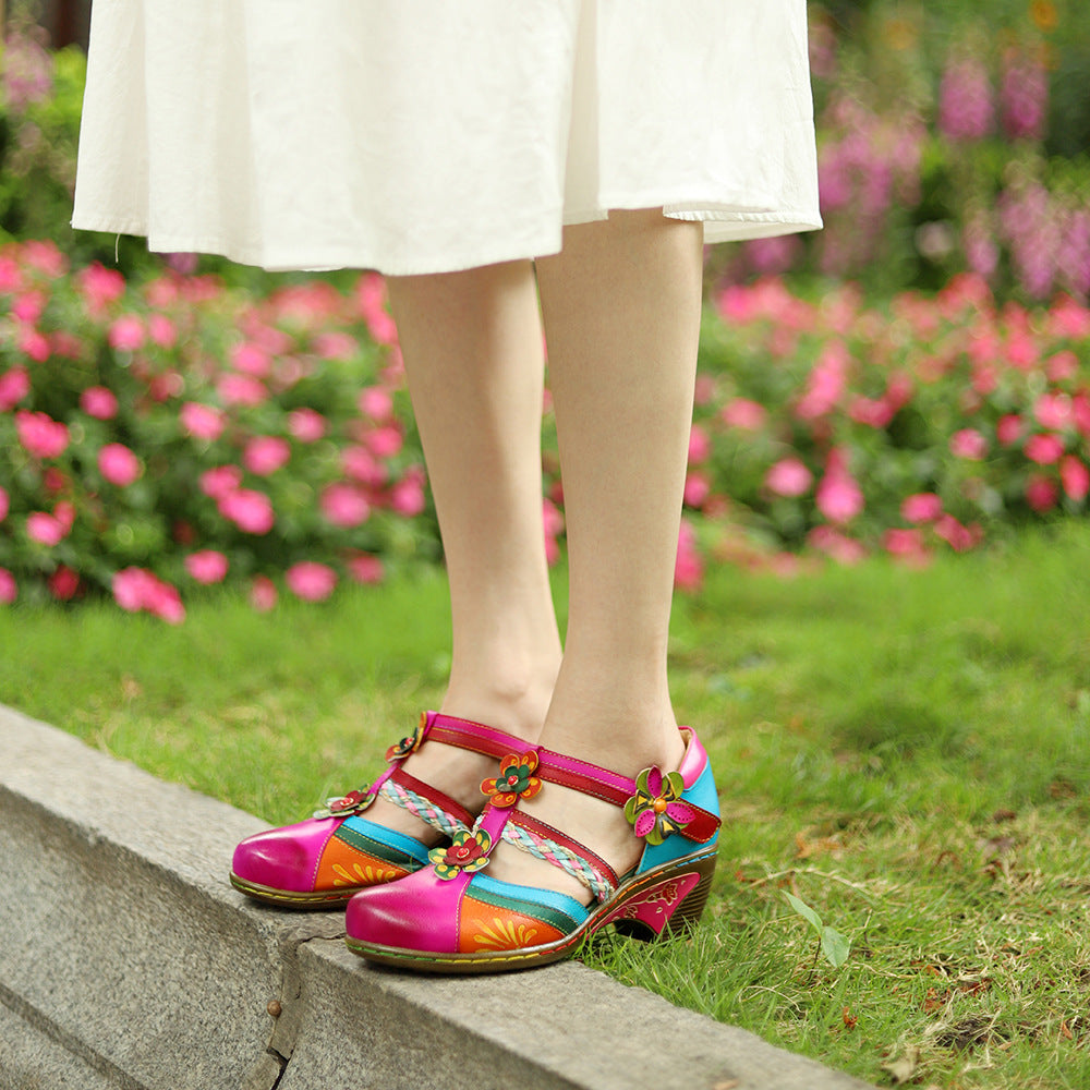 Retro Bright Flower Contrast Color Velcro Wedge