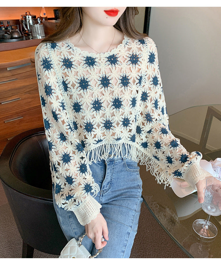 Geometric Pattern Long Sleeve Lace Pullover