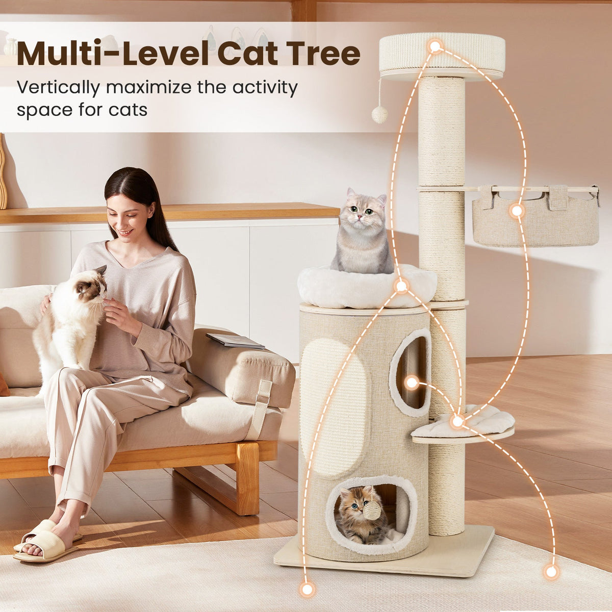 61 Inches Cat Tree for Indoor Cats with 2-stoery Condo and Top Perch-Natural