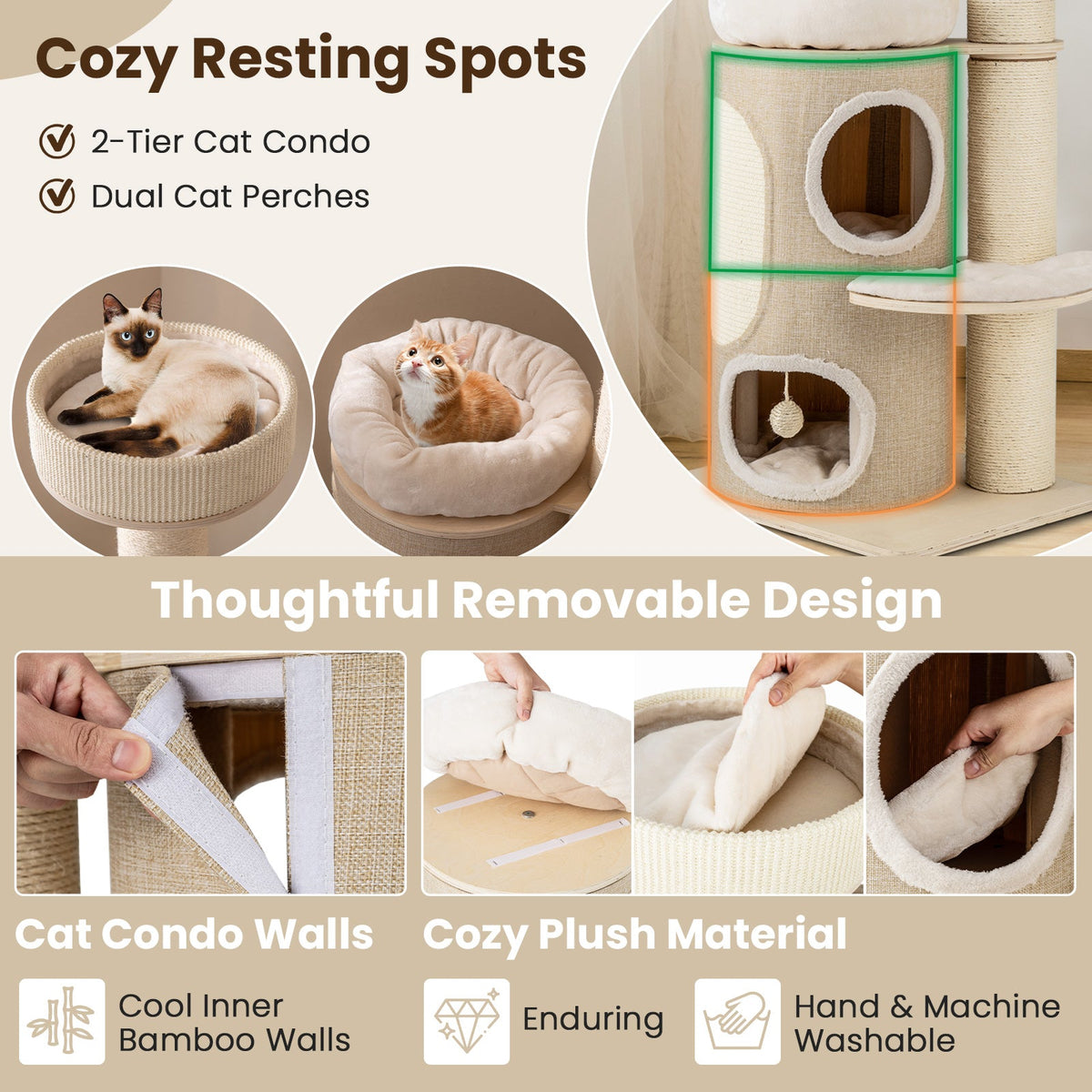 61 Inches Cat Tree for Indoor Cats with 2-stoery Condo and Top Perch-Natural