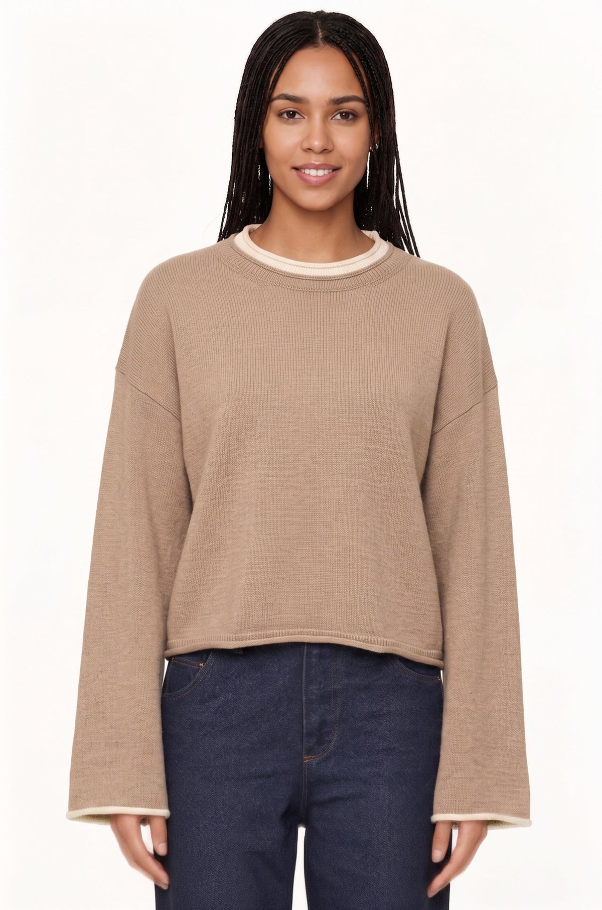 Womens Pullover Sweater Loose-Fit Round-Neck Casual Knit Top