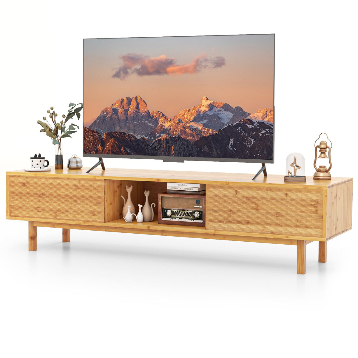 63 Inches Mid Century Modern Bamboo TV Stand with Sliding Doors-Natural