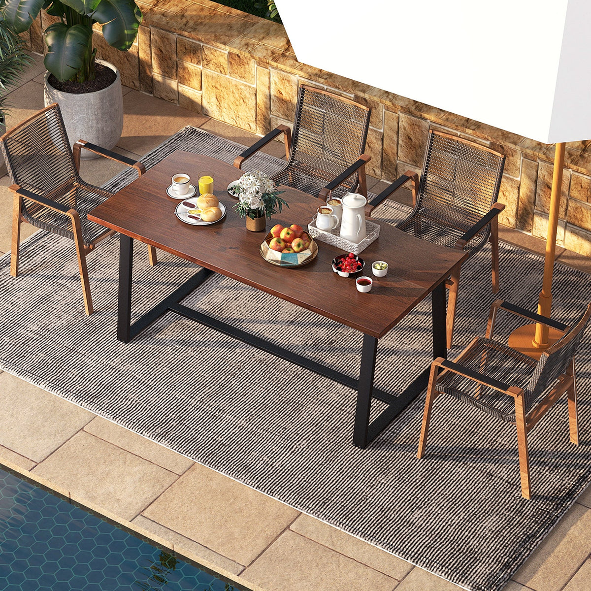 63" Large Dining Table with Wavy Edge and Heavy-duty Metal Frame