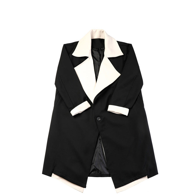Fashionable Contrast Color Large Lapel Mix And Match Bandage Dress Fake Two-piece Suit Coat