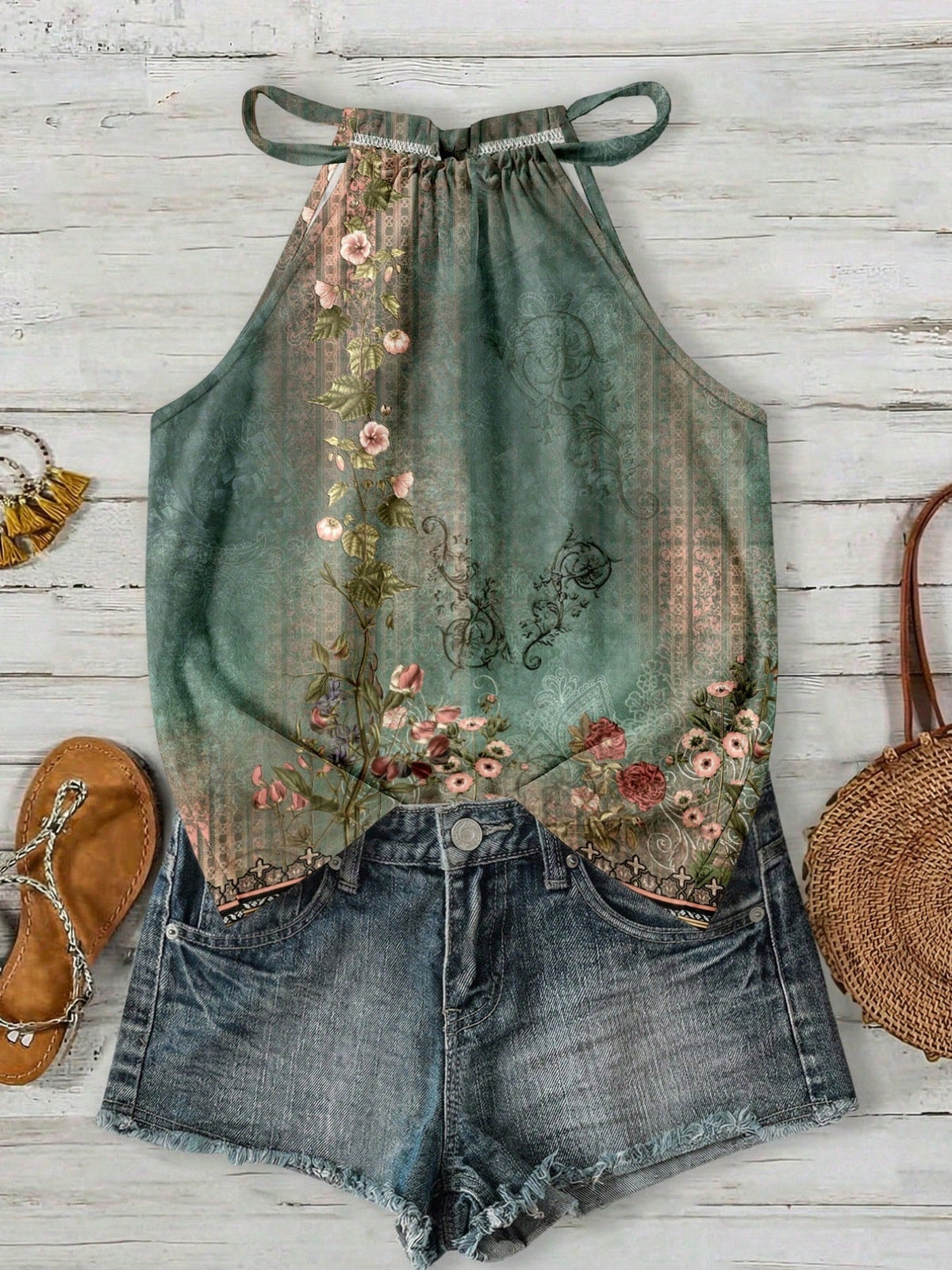 Womens Casual Resort-style Halter-neck Sleeveless Tank Top