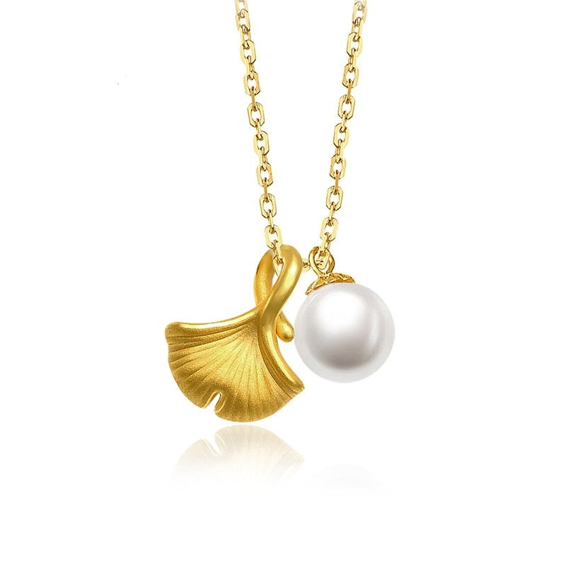 Pure Gold Ginkgo Leaf Pearl Necklace
