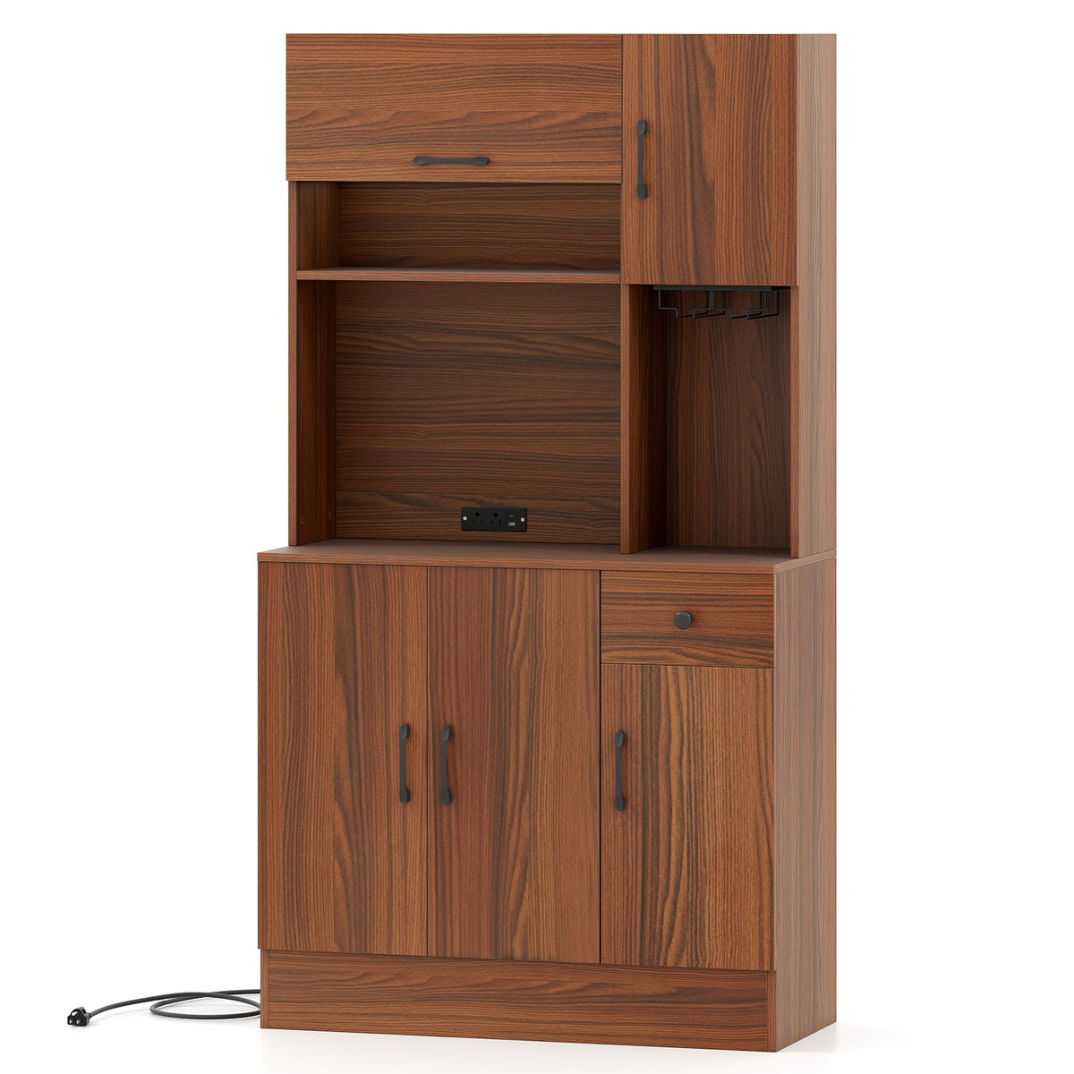 66 inch Pantry Cabinet with Charging Station and Microwave Stand-Brown