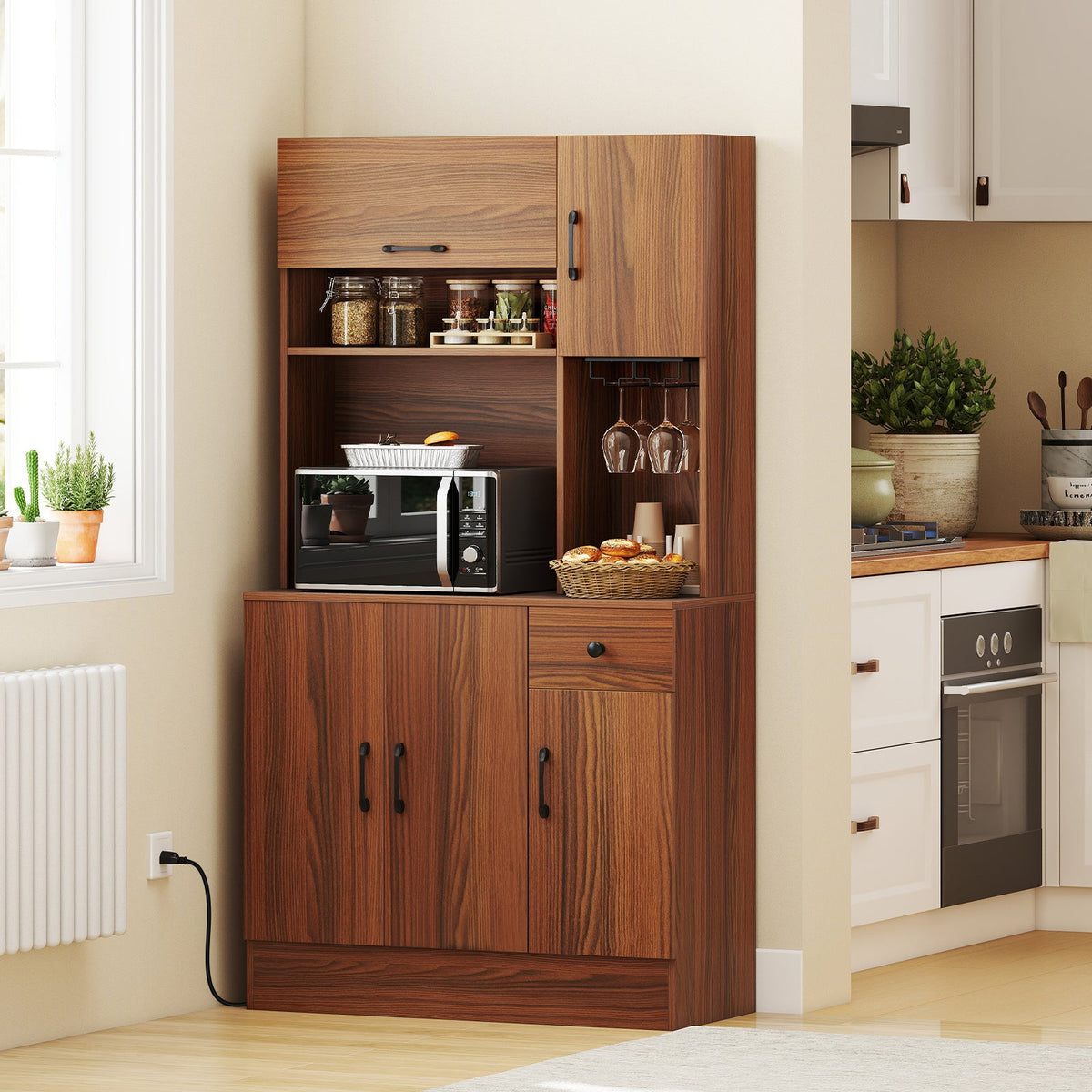 66 inch Pantry Cabinet with Charging Station and Microwave Stand-Brown